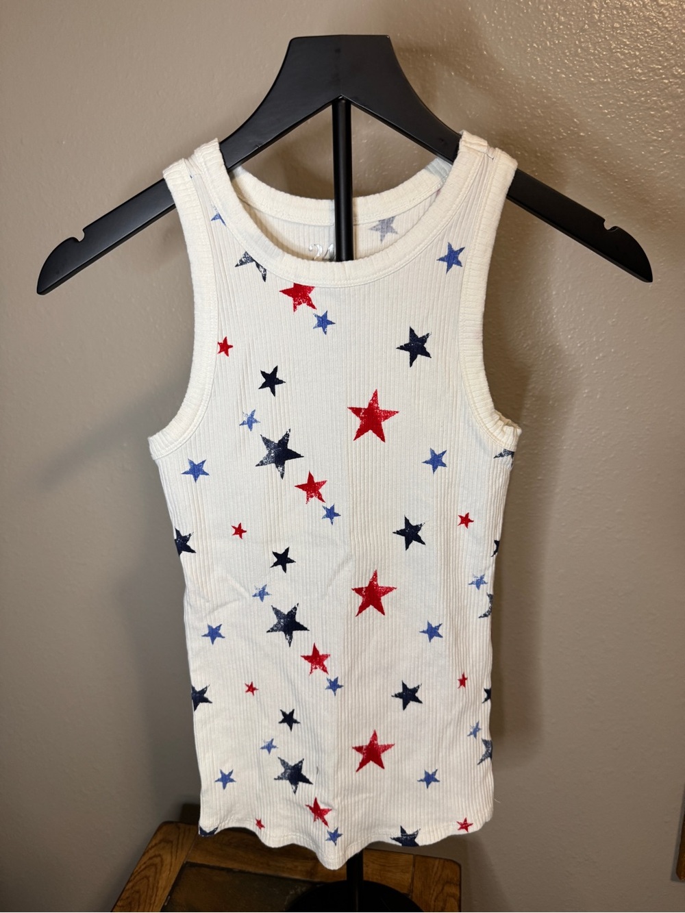 Maurices Women’s White Ribbed Tank with Red and Blue Star Print